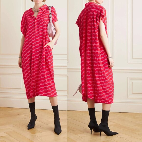 NWT Balenciaga BB Monogram Midi Dress Red Silk Crepe Raw Hem Allover Print Sz 38 - Picture 1 of 12